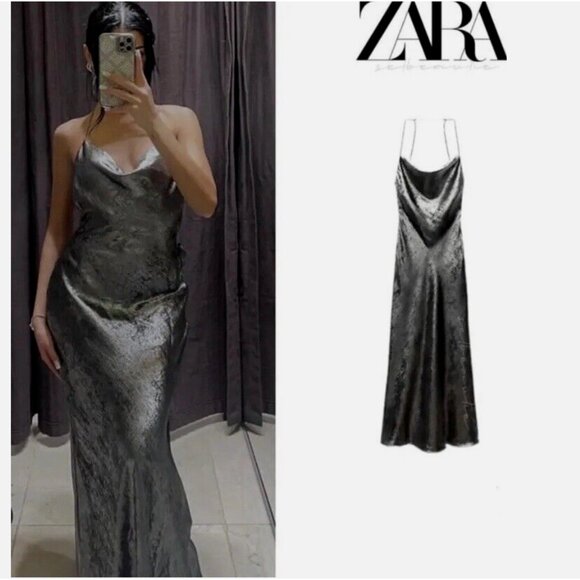 ZARA NEW WOMAN SILVER SATIN EFFECT SLIP DRESS Size L REF:8496/746 - Picture 3 of 16
